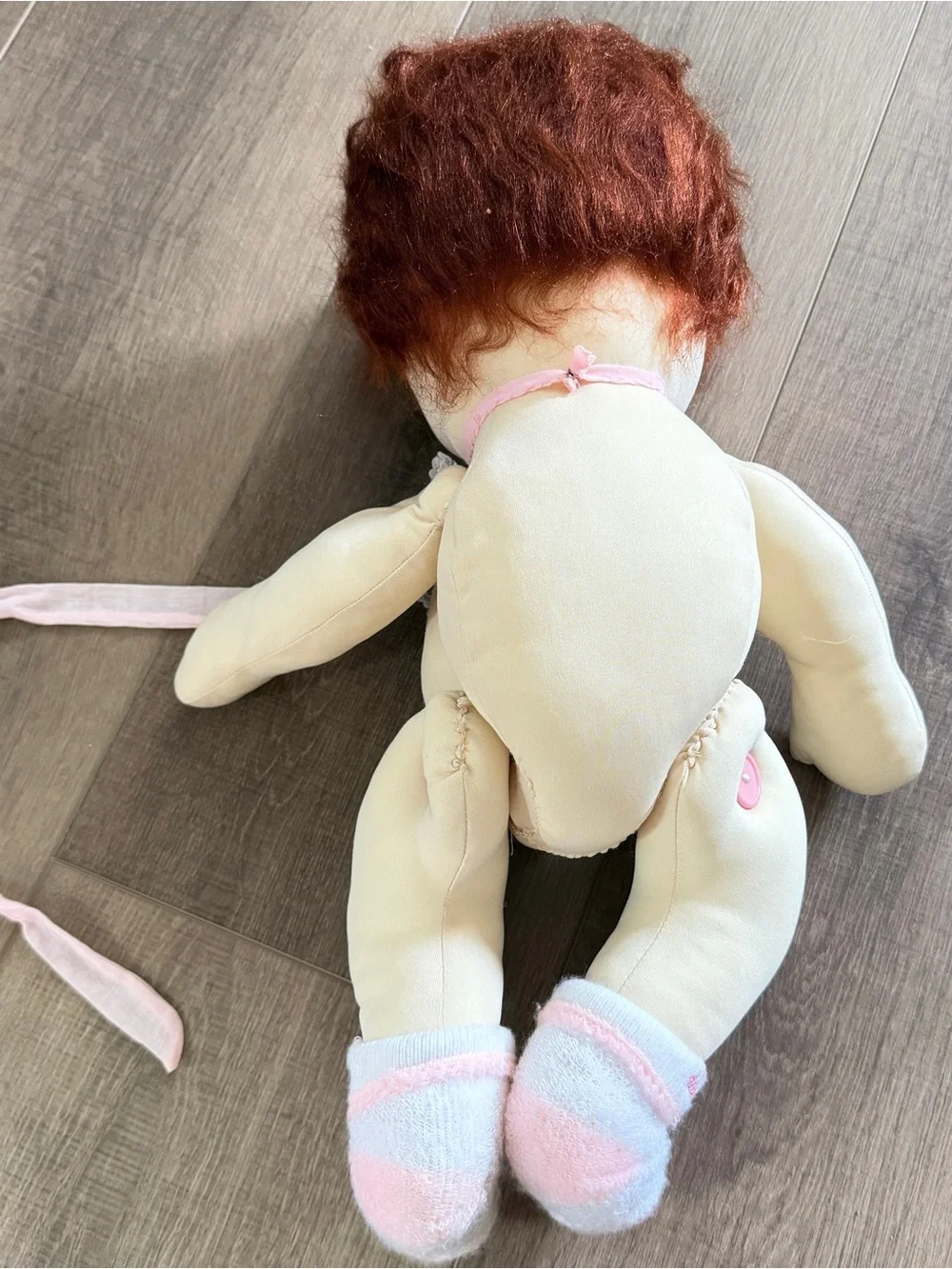 Vintage Handcrafted Soft Sculptured Old Doll Pink Dress Bonnet 21” Socks Daddy